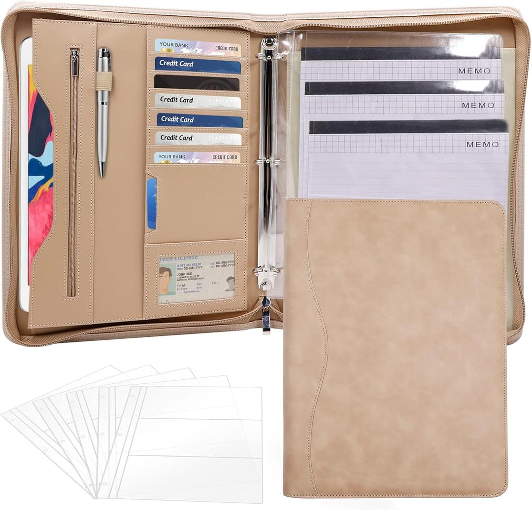 3-Ring Padfolio Portfolio Binder Organizer,PU Leather Folder Binder Business Planner Notebook Zippered Portfolio for Women/Men with Document Sleeve,Letter/A4 Size Clipboard