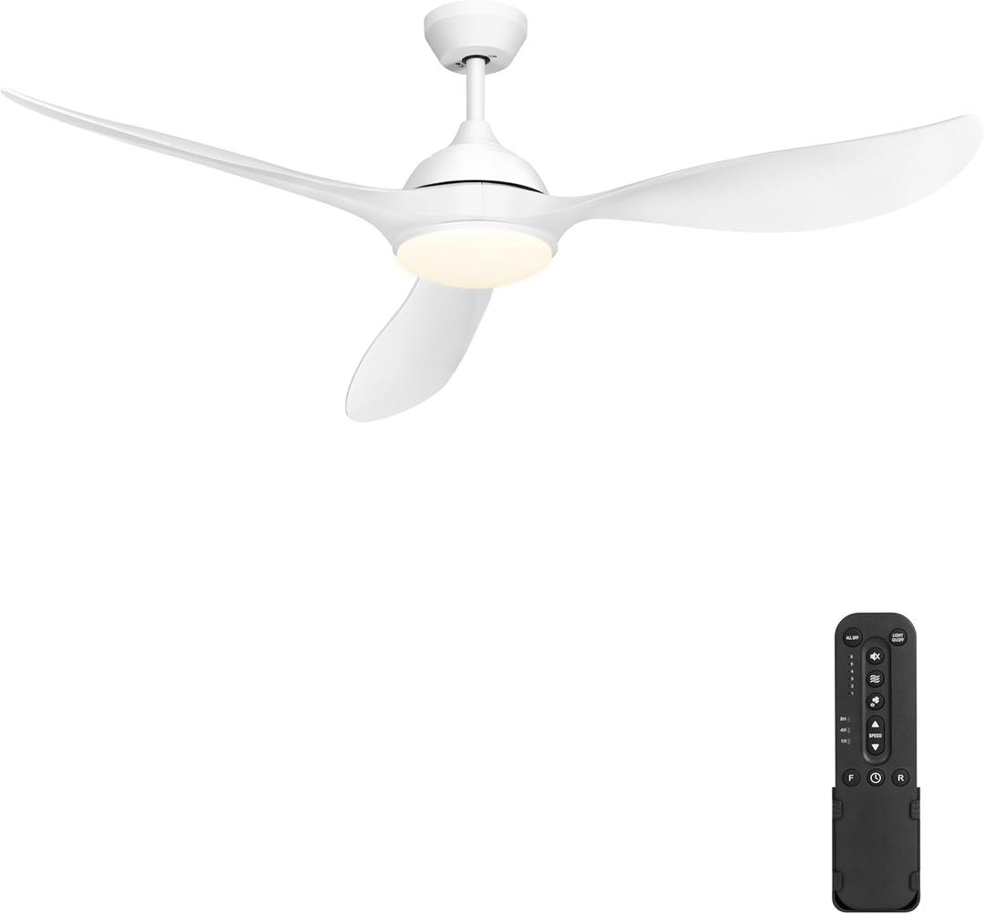 56" White Ceiling Fan with Lights - 3 Blades, Remote Controlled, Silent DC Motor Indoor/Outdoor Fan for Covered Patio, Screen Porch, Living Room