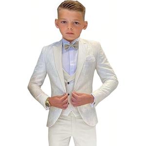 SAROULU Boys Formal Suit Wedding Tuxedo 3 Pieces Floral Jacket Pants Vest Kids Party Blazer (White) 7T