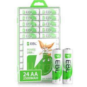 EBL AA Rechargeable Batteries 1.2V 2500mAh High Performance Pre-Charged AA Batteries - 24 Pack