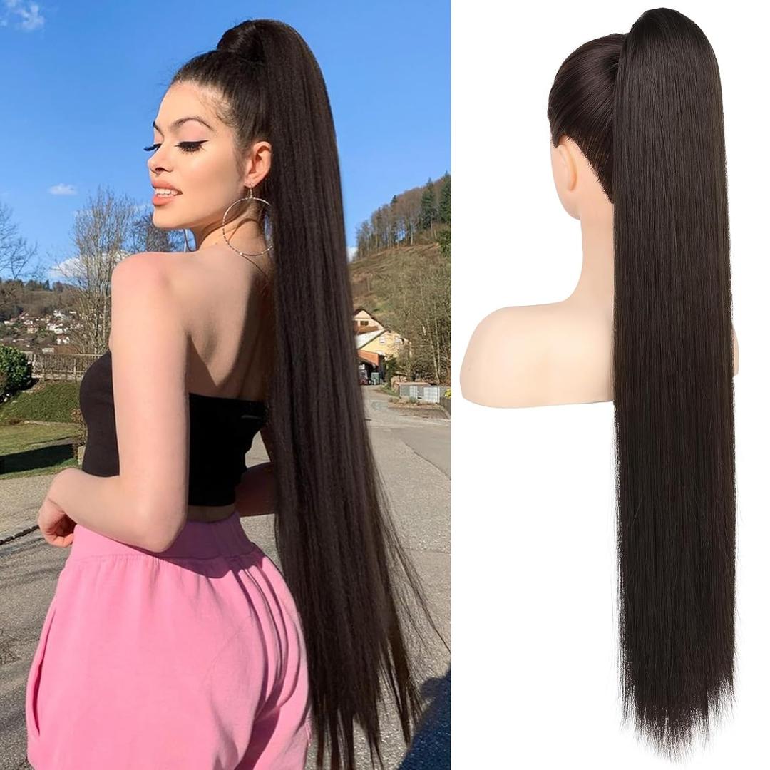 Flufymooz ponytail extension, 30 Inch Long Straight Drawstring Ponytail Synthetic Hairpieces Fake Pony Tails Natural Soft Clip in Hair Extension ponytail for Women (Black Brown)