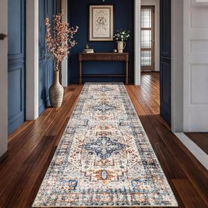3x10 Hallway Washable Runner Rug : Vintage Soft Kitchen Bathroom Laundry Runner Non Slip Backing Farmhouse Entryway Floor Mat Stain Resistant Carpet for Bedroom Living Room Distressd Beside Rug(Blue)