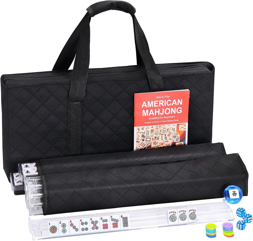 American Mahjong Tile Set, 166 White Tiles, 4 Mahjong Racks with Pushers, Mahjong Sets with Black Bag for Beginners (Ma Jong, Mah-Jongg)