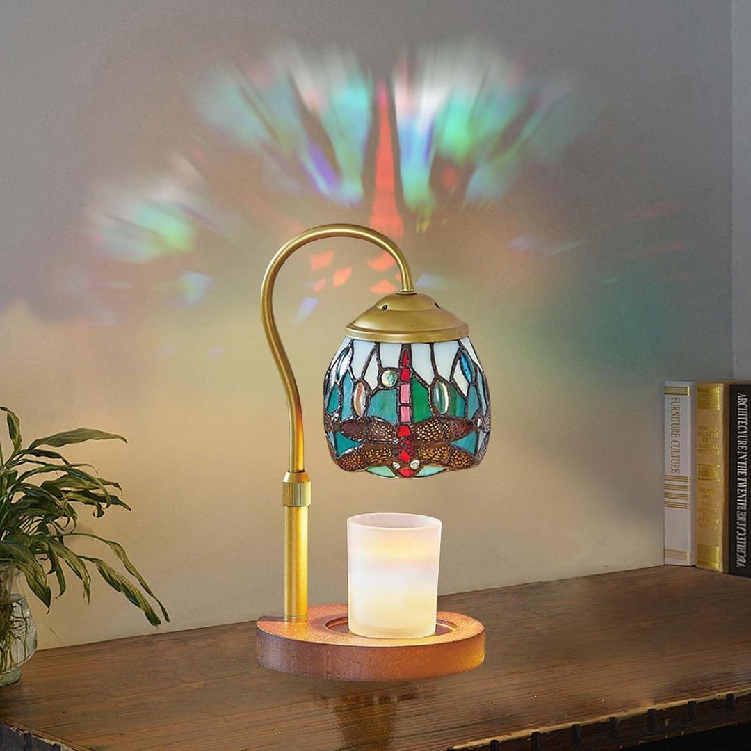 Dragonfly Tiffany Style Candle Warmer lamp, Lamp with Timer & Dimmer Candle Warmer Height Adjustable Scented Candles,with 2 * 50W Bulbs for Home Decor