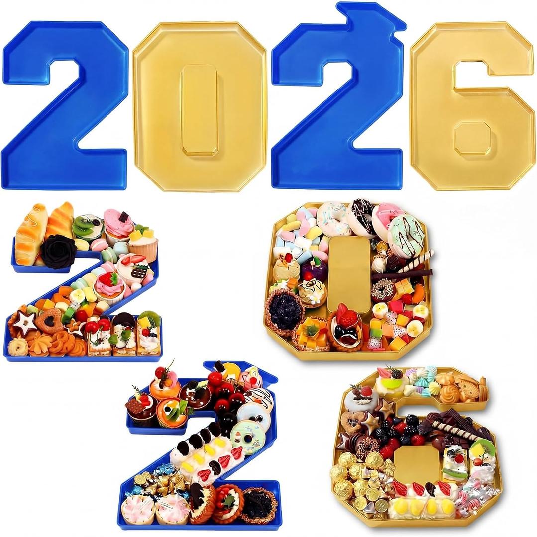 Tellingyou 4 Pcs 13.7" 2026 Charcuterie Numbers Fillable Graduation Disposable Mache Box Chocolate Candy Tray Grad Container Decoration(Blue and Gold,2026)