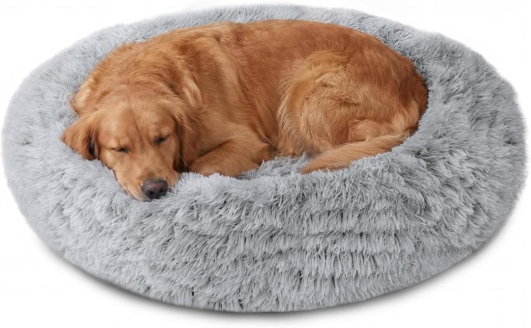JOLLYVOGUE Calming Dog Bed Medium Size Dog, 31in Donut Washable Medium Pet Bed, Anti-Slip & Anti-Anxiety Fluffy Faux Fur Round Dogs Bed, Fits up to 45 lbs Pets (Smoke Grey)