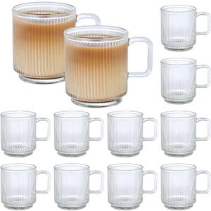 12 PACK Premium Glass Coffee Mugs with Handle, 12 OZ Classic Vertical Stripes Glass Coffee Cups, Transparent Tea Cup for Hot/Cold Beverages, Glassware Set for Americano, Latte, Cappuccino