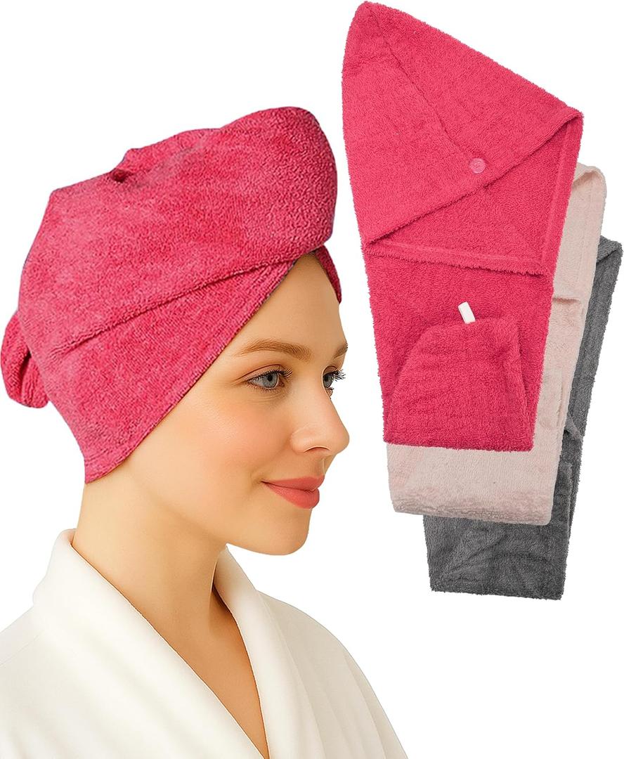 Cotton Hair Wrap Towels for Women, (Pack of 3 - Raspberry, Pink & Grey) Head Towel Cap, Cotton Hair Turban Towel Wrap for Long Curly Anti Frizz Hair, Soft and Absorbent Cotton Hair Towels