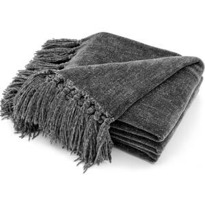 RECYCO Throw Blanket Soft Cozy Chenille Throw Blanket with Fringe Tassel for Couch Sofa Chair Bed Living Room Gift (Dark Gray, 50" x 60")