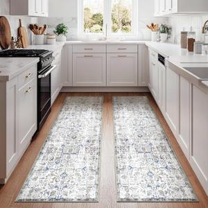jinchan Runner Rug 3x8-2pcs Washable Hallway Rug Vintage Indoor Thin Retro Floor Cover Distressed Floral Country Lightweight Non Slip Carpet for Entryway Bathroom Kitchen Bedroom Stairway Blue