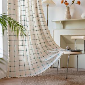 Deeprove Boho Curtains 84 Inches Long for Bedroom, Cotton Linen Plaids Turquoise Embroidery Semi Blackout Bohemian Farmhouse Window Treatment Grids Drape Tassels, 1 Panel W52 x L84 Beige