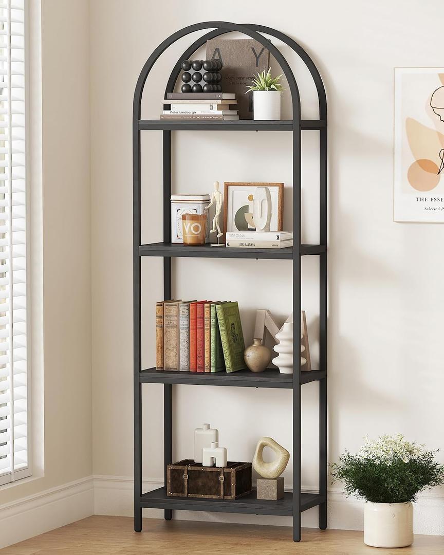 Yusong Bookshelf 4 Tier Arched Bookcase, 71.3" Tall Industrial Open Book Shelves for Living Room, Modern Freestanding Display Shelving Unit Storage Rack with Metal Frame, Office, Bedroom, Black, 4 Tier Non-LED Arched