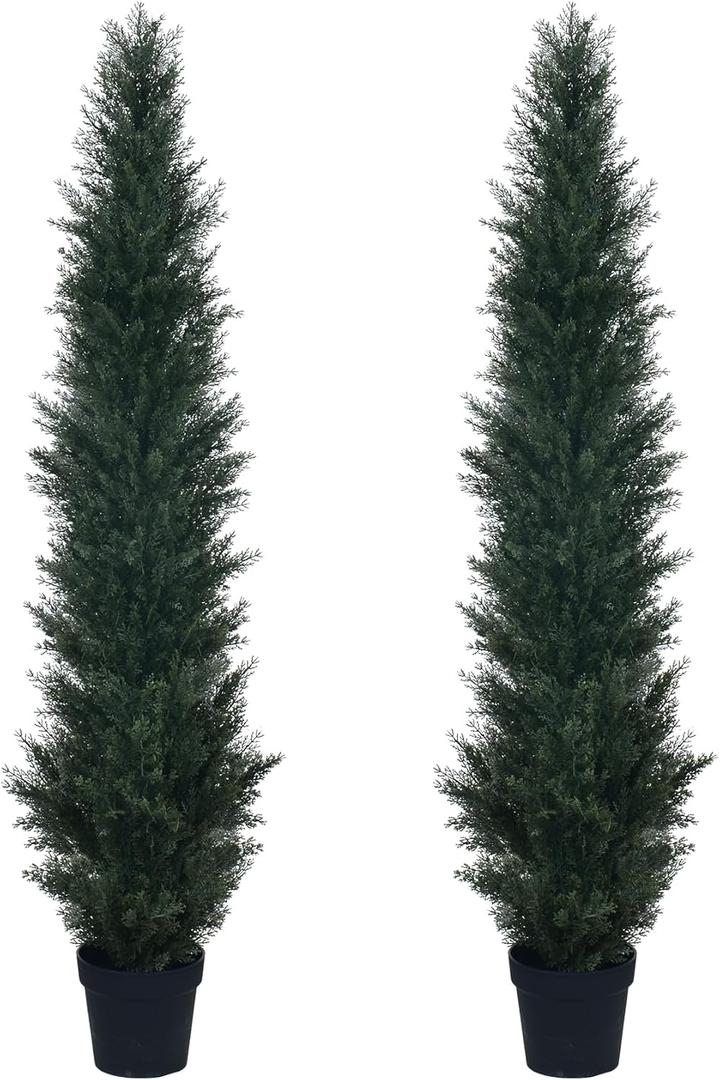 HAIHONG 5FT Artificial Cedar Topiary Trees,Faux Cedar Tree Potted Plant in Nursery Planter,Fake Plant Fake Shrubs for Outdoor Indoor Front Porch Garden Decor(Set of 2)