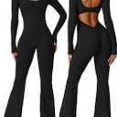 Vertvie Women Flare Jumpsuits Long Sleeve Sexy Backless Padded Bodycon Rompers Scrunch Butt V Back Playsuit Workout Bodysuit (Medium, Black)