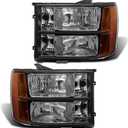 for 2007 2008 2009 2010 2011 2012 2013 2014 Sierra Headlight Assembly compatible with 07-13 GMC Sierra 1500/07-14 GMC Sierra 2500HD 3500HD Black Housing Amber Reflector Replacement L+R
