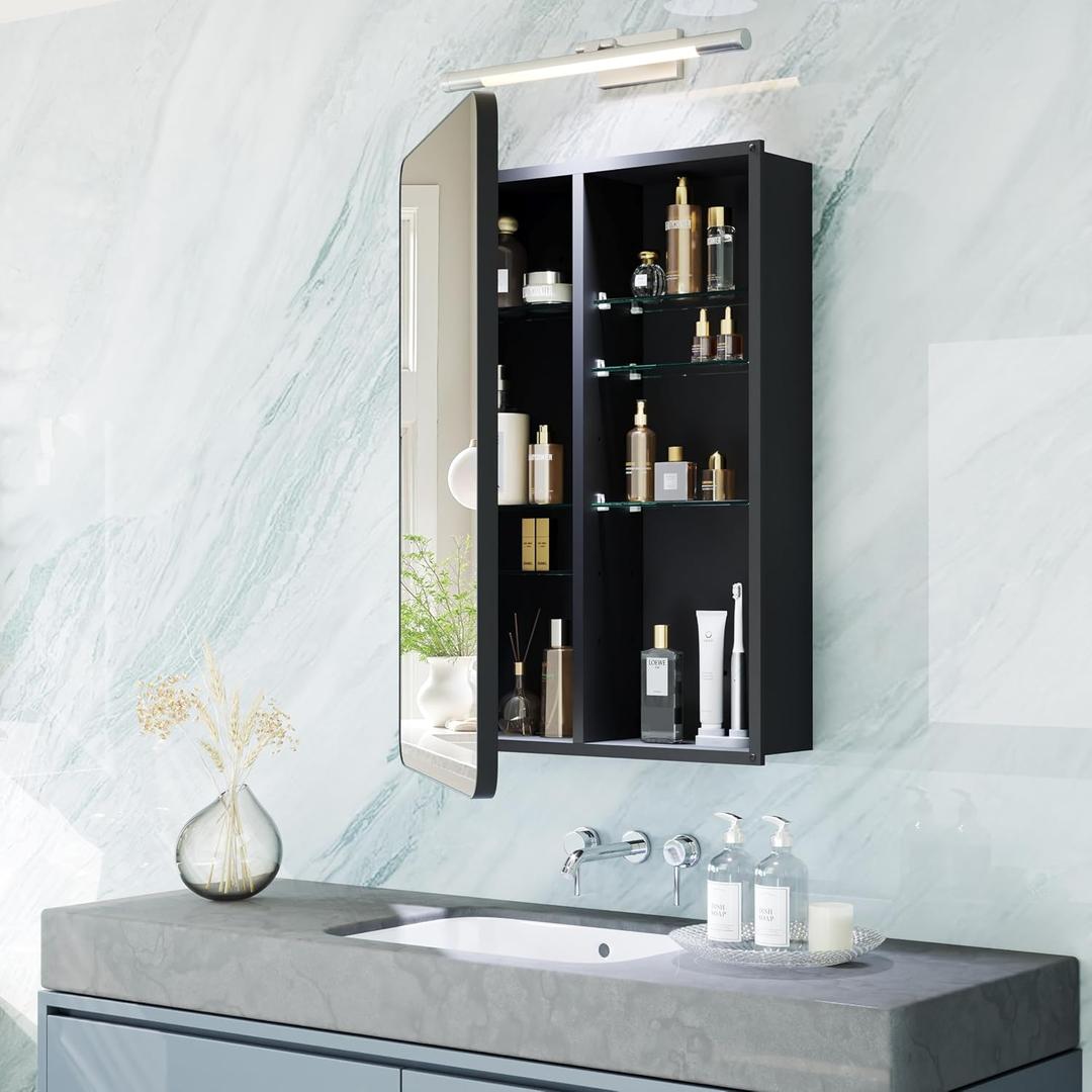 Tall Black Medicine Cabinet 20x30 Inch, Bathroom Wall Mirror Cabinet with Storage, 6-Tier Adjustable Glass Shelving, Waterproof Aluminum Frame, Quiet Soft Close, Modern Vanity Decor