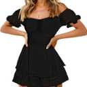 Fixmatti Women Boho Romper Off Shoulder Ruffle Chiffon Shorts Jumpsuit Playsuits (Black, L)