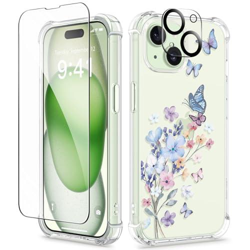 GVIEWIN for iPhone 15 Case Floral, with Screen Protector&Camera Lens Protector,[Non Yellowing] Soft Shockproof Clear Phone Protective Cover for Women, Flower Pattern Design 6.1" 