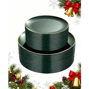 PULOTE 100PCS Green Plastic Plates - Green Disposable Plates With Gold Rim - Include 50 Pieces Dinner 10.25inch,50 Pieces Dessert 7.5inch for Party&Christmas