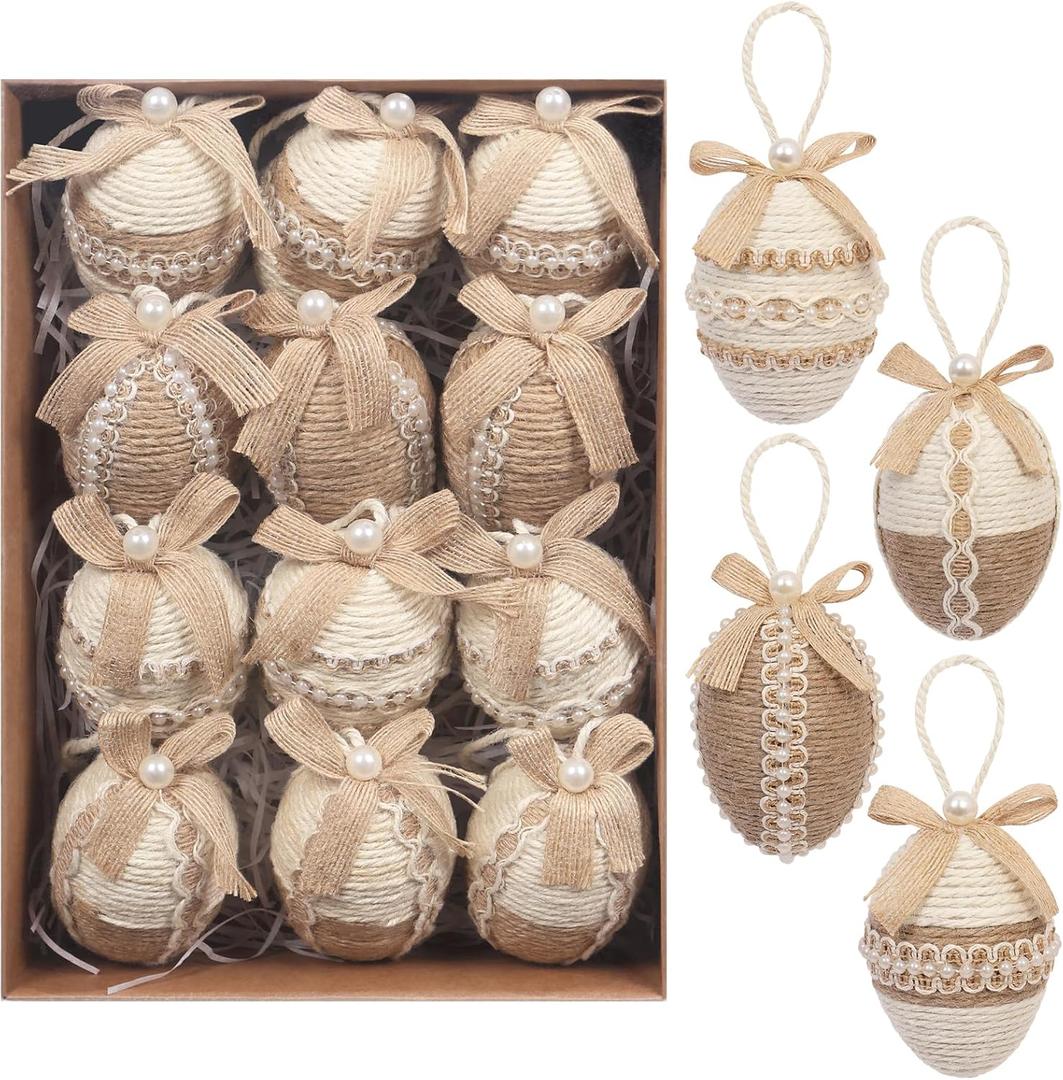 RoseCraft Easter Egg Decorations, 12PCS Boho Artificial Egg Easter Tree Hanging Ornaments, for Spring Summer Home Rustic Holiday Party Basket Filler Decor.