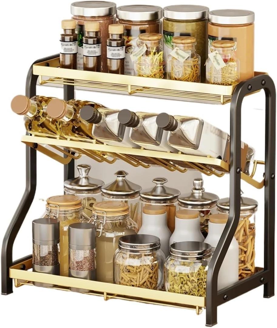 Spice shelf, 3-tier Seasoning Storage Rack Kitchen Countertop Multifuctional Storage Holder Stainless Steel,kitchen(Blackgold)