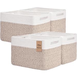 Storage Baskets for Organizing, 4 Pack Baskets for Shelves, Decorative Storage Bins for Shelves, Cotton Rope Storage Basket with Handles, Woven Basket for Storage, 13''Lx8.7''Wx7.9''H, White & Brown