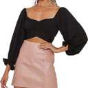 Women's Puff Long Sleeve Strapless Crop Top Off Shoulder Tie Up Back Ruffle Square Neck Chiffon Shirt, Size S