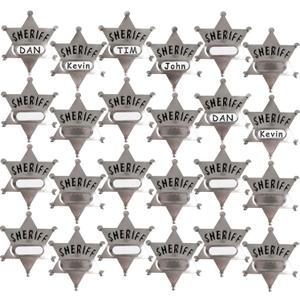 Bedwina Metal Sheriff Badges - (Pack of 24) Silver Star Name Badges with Stickers for Personalized Names, Western Cowboy Dress Up Deputy's Badge Toys for Kids Birthday Party Favors, Giveaways & More
