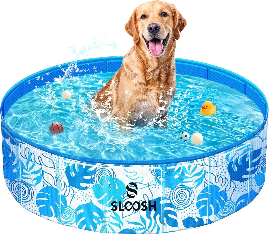 SLOOSH Foldable Dog Kiddie Pool - Portable Hard Plastic Kids Baby Doggie Swimming Pool, Anti-Slip Thick PVC Collapsible Pets Cats Whelping Box Puppy Bathtub (32" x 8")