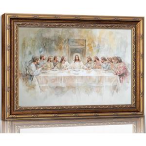 Vintage Gold Framed The Last Supper Canvas Wall Art Jesus Christian Painting Picture Wall Decor Jesus and Twelve Apostles Poster Print Artwork for Dining room Prayer Room Church Home Decortion (16"L x 12"W)