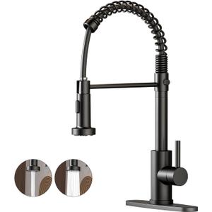 Kitchen Faucet with Pull Down Sprayer, Stainless Steel Single Handle Pull Out Spring Loaded Sink Faucet, 1 Hole or 3 Hole, Dual Function for RV Farmhouse Camper(Black)