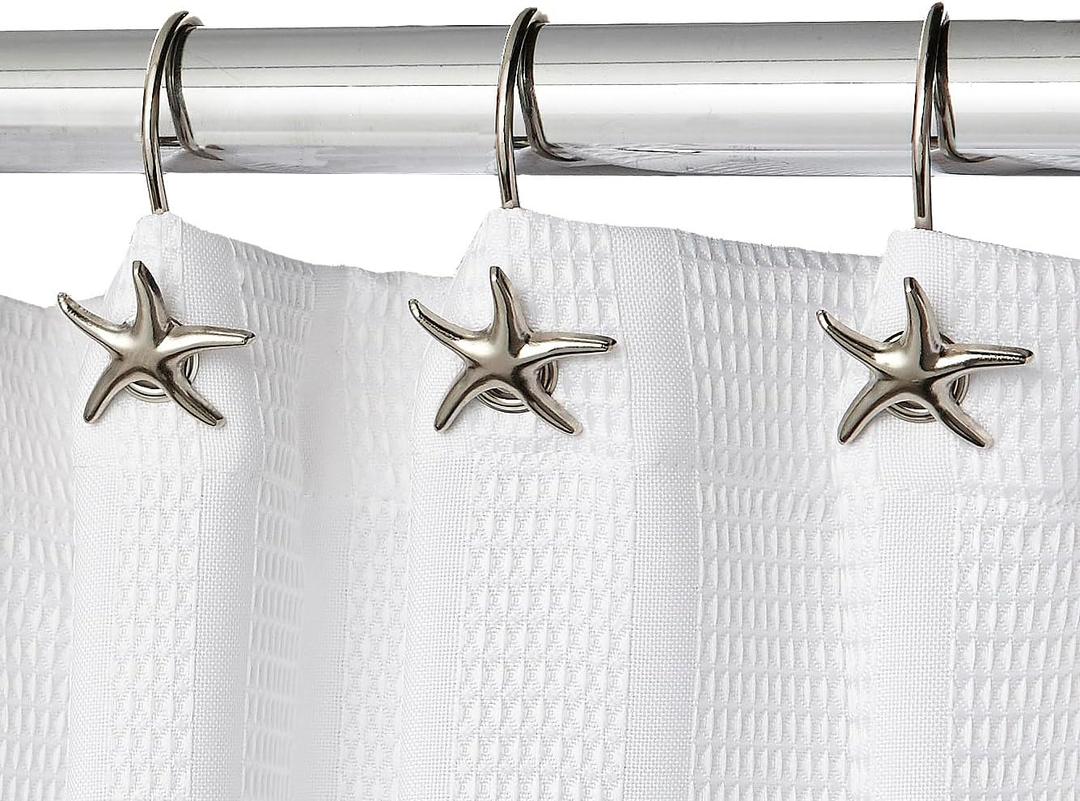 Starfish Shower Curtain Hooks 12-Pack Decorative Chrome Bathroom Hooks for Bathroom Shower Curtains, Premium Chrome Craftsmanship, Easy Install, Coastal Beach Nautical Decor