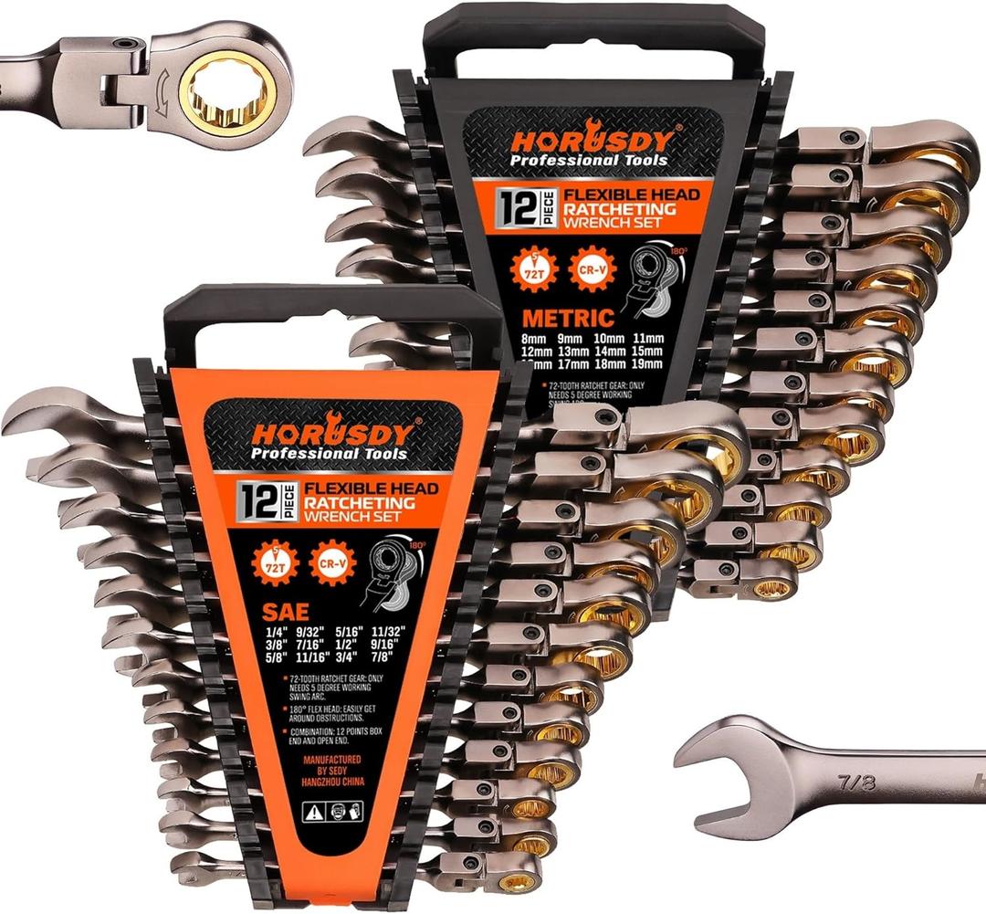 HORUSDY 24-Piece Flex-Head Ratcheting Wrench Set | Metric and SAE | Ratchet Combination Wrenches Set with Organizer | 72-Teeth | Chrome Vanadium Steel | 8-19 mm & 1/4 to 7/8