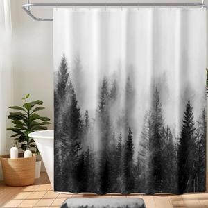 ORTIGIA Black and White Misty Forest Shower Curtain for Bathroom, Nature Woodland Curtain Set with Hooks, Decorative Pine Tree Fog Magic Bath Decor for Home Weighted, 72x72