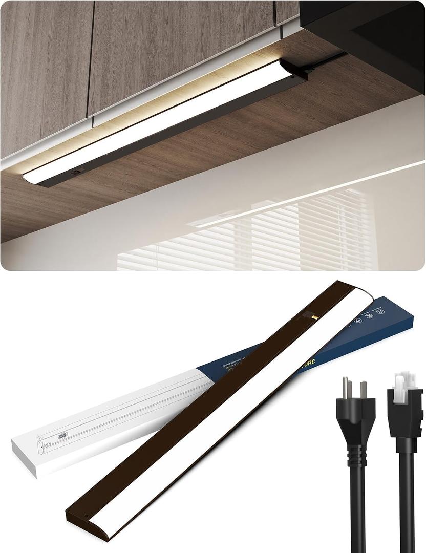24 Inch LED Under Cabinet Light, Plug in Kitchen Lighting, 3CCT Selectable (3000K/4000K/5000K), CRI94 High Color Accuracy, Linkable, Slim Design Dimmable, Brown