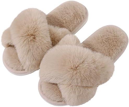 Evshine Women's Fuzzy Slippers Cross Band Memory Foam House Slippers Open Toe 42-43