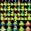 Sratte 140 Pcs Glow in The Dark Rubber Ducks Summer Mini Luminous Light Up Bulk Bath Toy Assorted Duck Sunglasses Necklace Swim Circle Hat for Baby Shower Party Gift