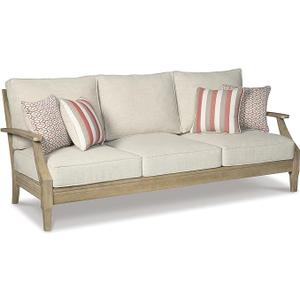 Signature Design by Ashley Clare View Outdoor Patio Sofa, 4 Throw Pillows, Nuvella Weather Resistant Fabric, Eucalyptus Wood, 81" W x 35" D x 32" H, Beige