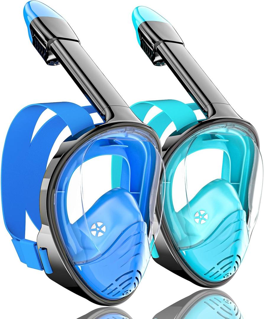 QingSong Full Face Snorkel Mask for Adults, Snorkeling Gear with Camera Mount, 180 Degree Panoramic View Snorkel Set Anti-Fog Anti-Leak (Small-Medium, 2 Pack -Blue+Green)