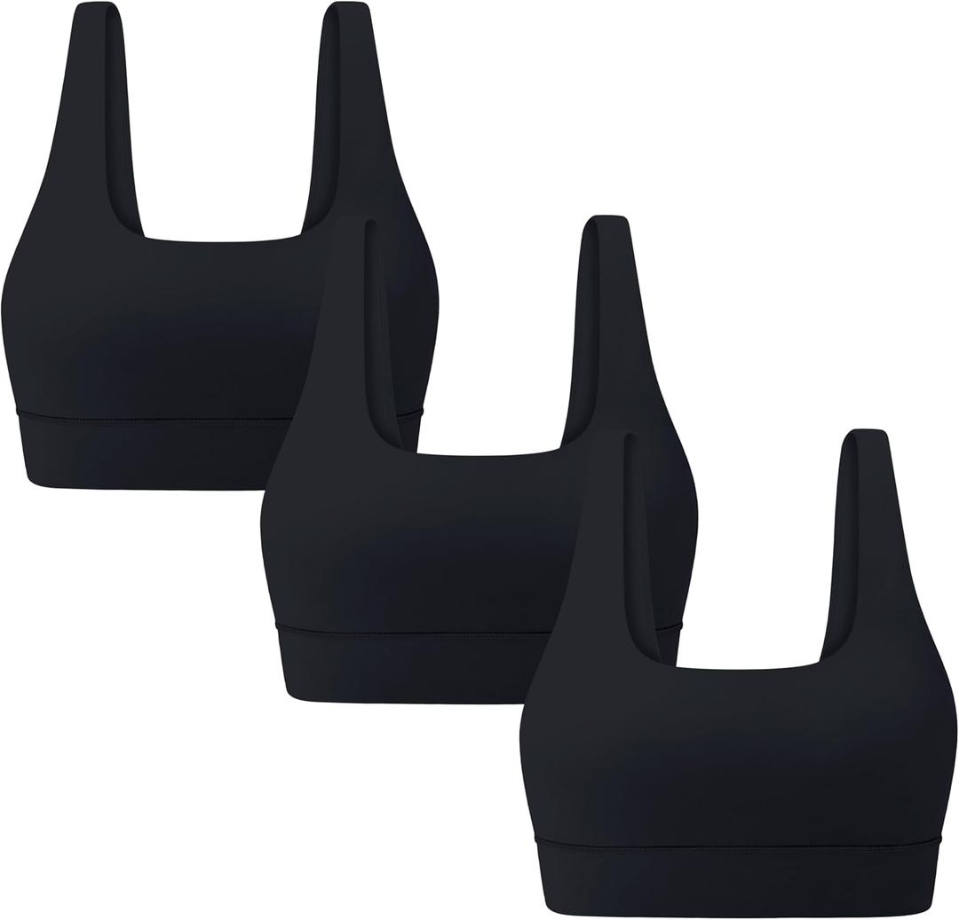 3-Pack Scoop Neck U Back Sports Bras for Women - Low Impact Padded Workout Yoga Crop Top Black Small
