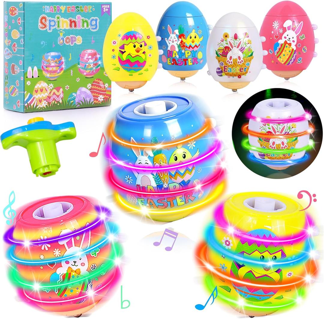 4 Pack Easter Basket Stuffers for Kids Light Up Spinning Singing Tops with Flash, Easter Gifts for Toddler Boys Girls, Easter Eggs Toys, Easter Eggs Filled Goodie Bag Prize Party Favor
