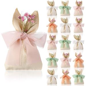 Affrolling 24 Set Easter Bunny Party Favor Bags Easter Burlap Gift Bag with Pastel Bow Ribbon and Artificial Flowers Rabbit Ears Treat Basket Stuffers Bulk for Kids Goodie Candy Hunt Stuffer Birthday