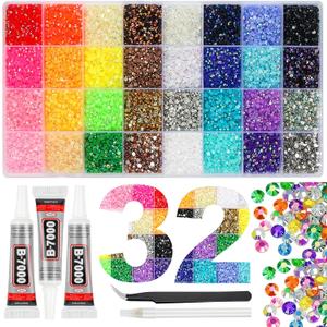 37000Pcs 32 Colors Resin Jelly Rhinestones for Bedazzling, 3mm Multicolor Flatback Gems for Crafting, Bedazzler Kit with 3Pcs 10ml B7000 Glue for Clothes Book Shoes Nails Art Makeup