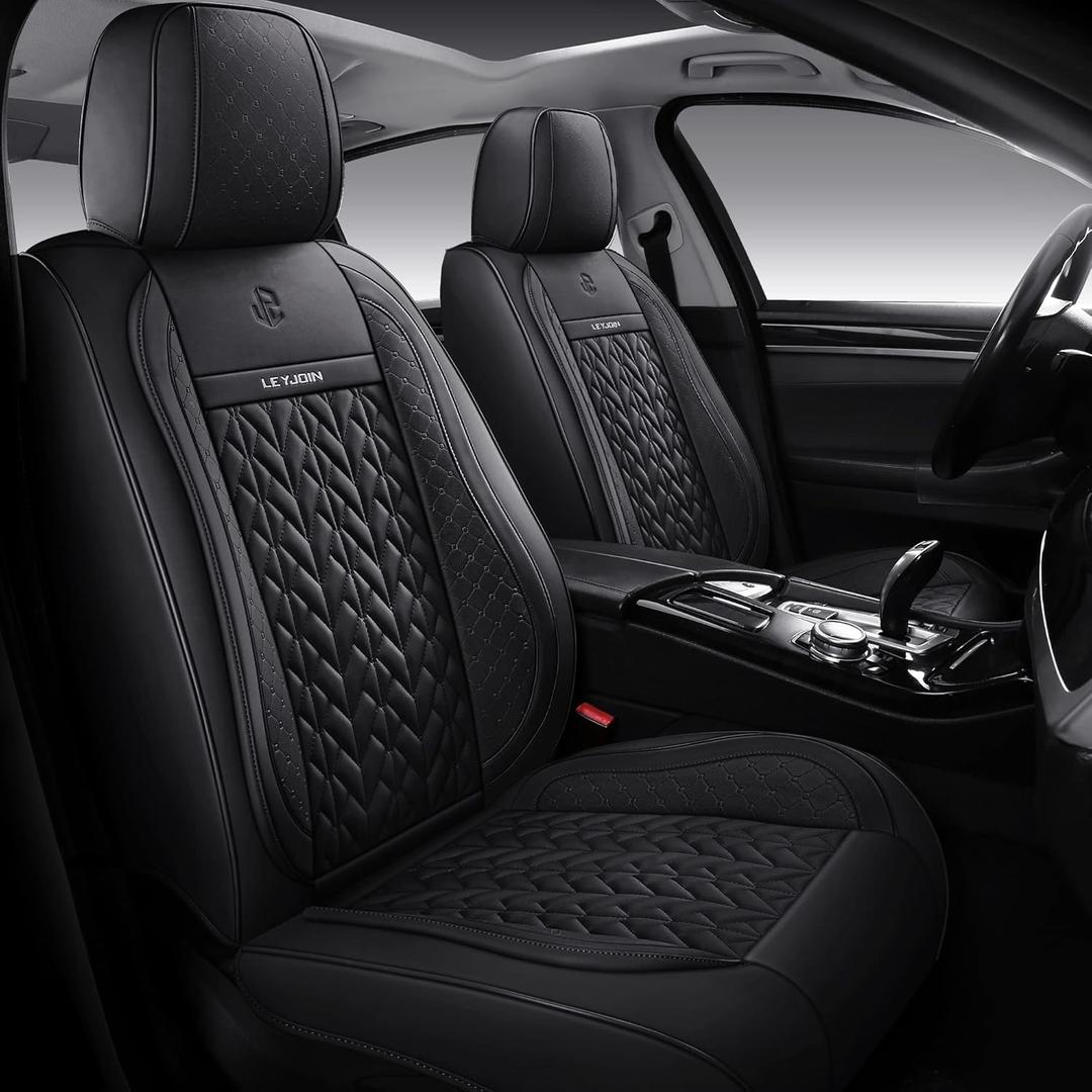LEYJOIN Faux Leather Full Coverage Car Seat Covers Universal Fit for 5 Passengers Cars SUVs Trucks with Waterproof Leatherette in Automotive Seat Cover Accessories (Black)