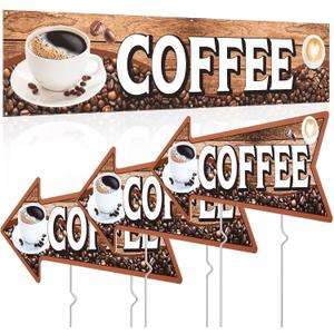 Tegeme 4 Pack Coffee Stand Supplies 1pcs 2x10 ft Banner and 3 Pcs Coffee Yard Signs with Metal Stakes Double Sided Print for Advertising Business Store Decor Home Lawn Outdoor
