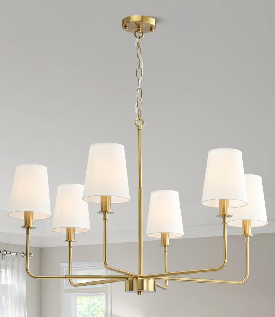 6-Light Classic Chandelier with Brushed Gold Finish & Linen Shades, E12 Base Rustic Ceiling Light Fixture for Kitchen Island, Dining Room, Entryway, Industrial Farmhouse Lighting