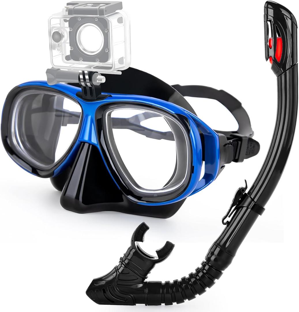 Snorkeling Gear for Adults Youth, Nearsighted Anti-Fog Diving Mask & Silicone Dry Snorkel for Scuba Diving Spearfishing Freediving (-5.0, Blue)