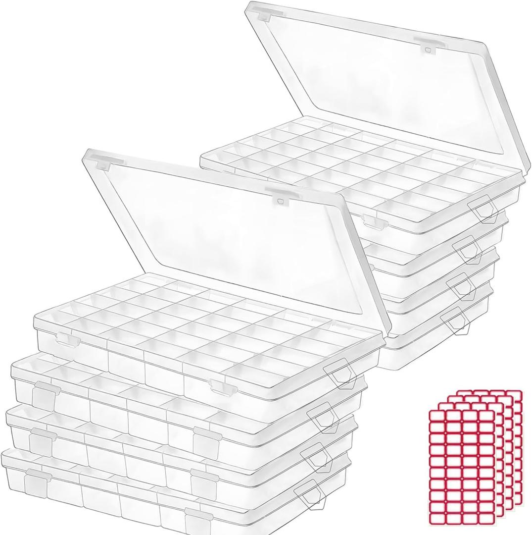 Budreu 8pack 36 Grids Plastic Clear Organizer Box bead Storage Containers with Adjustable Dividers for Craft Jewelry Fishing Tackles Parts Storage with 8 Sheets Label Stickers