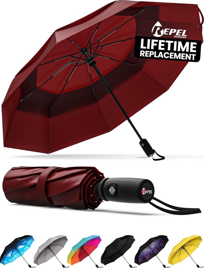 REPEL Windproof Travel Umbrella - Compact & Withstands Winds up to 85MPH , Strongest Premium Auto Folding Umbrella for Rain and Sun - Durable, Light & Portable for Women & Men , Fits Backpack & Cars (Red) REPEL Windproof Travel Umbrella - Compact & Withstands Winds up to 85MPH , Strongest Premium Auto Folding Umbrella for Rain and Sun - Durable, Light & Portable for Women & Men , Fits Backpack & Cars (Red)