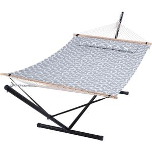 SUNCREAT 55 Inch Extra Large Double Hammock with Stand, 475lbs Capacity, Outdoor Portable Hammock with Hardwood Spreader Bar, Extra Large Pillow, Grey (12 ft Stand)